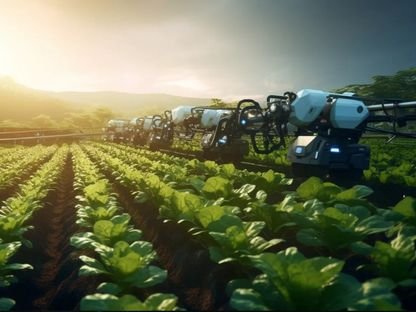 صورة أنتجتها "الشرق" بالذكاء الاصطناعي لروبوتات تتابع محاصيل زراعية. 24 نوفمبر 2023 - Midjourney